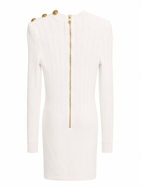 Balmain White Ribbed Long-Sleeve Mini Dress with Gold Buttons